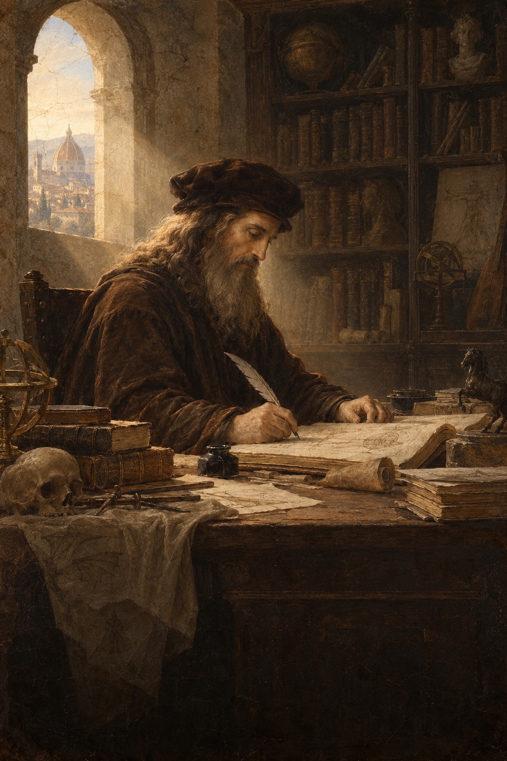 Учёный эпохи Возрождения пишет пером среди книг и рукописей